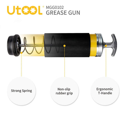 UTOOL grease gun 8000 PSI heavy-duty pistol grip kit; cutaway view shows spring and ergonomic T-handle.