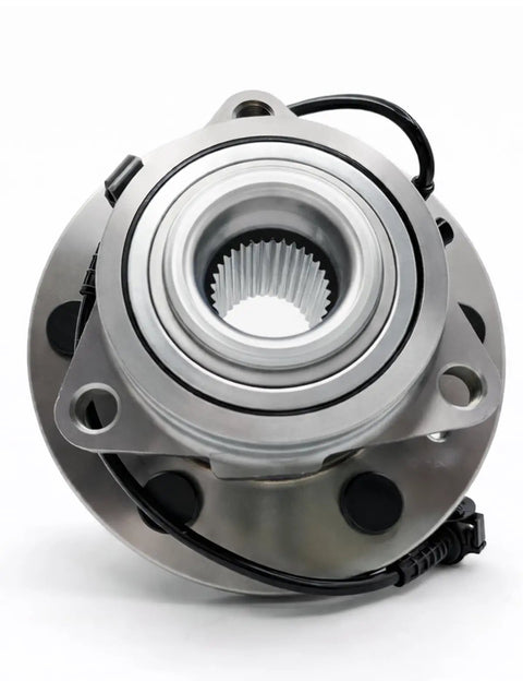 Front view of 6-lug ABS hub assembly for Chevy Silverado 1500 and GMC Sierra, visible wiring, designed for 4WD models.