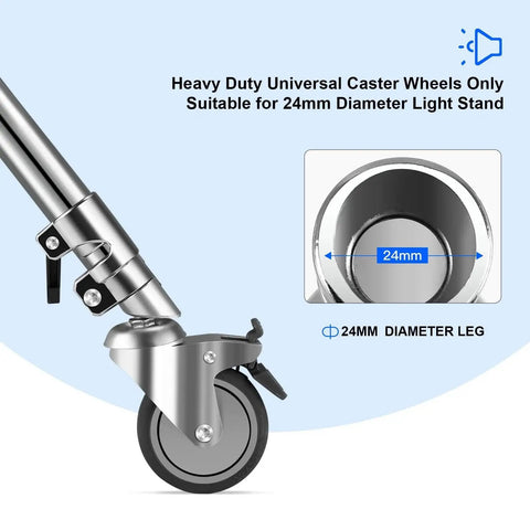 Swivel Caster Wheels Set For C Stand 25mm Legs Compatible With Takerers Neewer And Other 25mm C Stand Bases For Studio Photography And Video Shooting 3 Pack Designed To Roll Fully Loaded Stands Without Disassembly For Faster Setup And Improved Efficiency, attached to a metal stand.