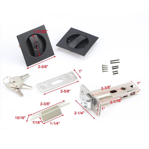 Black Privacy Pocket Door Lock With Keys Hidden Recessed Square Barn Door Latch For 1 3/8 To 2 3/16 Inch Thick Doors Zinc Alloy