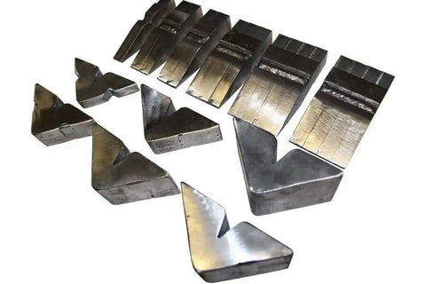 Hemming Dies Kit For 12 And 20 Ton Finger Brakes, 32 pieces forming an 8 inch die, unassembled and unwelded metal pieces displayed