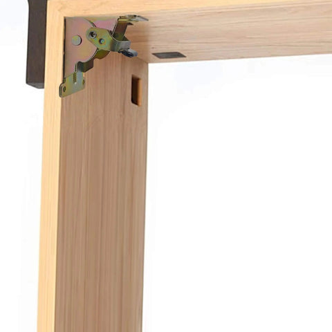 Heavy Duty 4 Pack Folding Support Brackets With Self Locking Hinges For Tables Benches And Workbenches Easy Install Gold Finish Includes 44 Screws And Mounting Hardware installed on wooden table corner