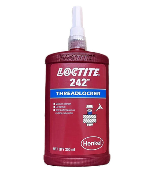 250 mL bottle of Loctite 242 medium-strength thread locker, visible label indicating it prevents loosening from vibration.