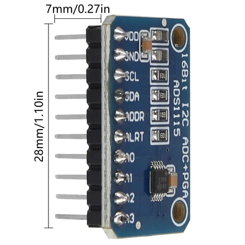 Close-up of a Four Pack Pre-Soldered I2C 16-Bit ADC Module With Four Channels And Programmable Gain Amplifier with dimensions.