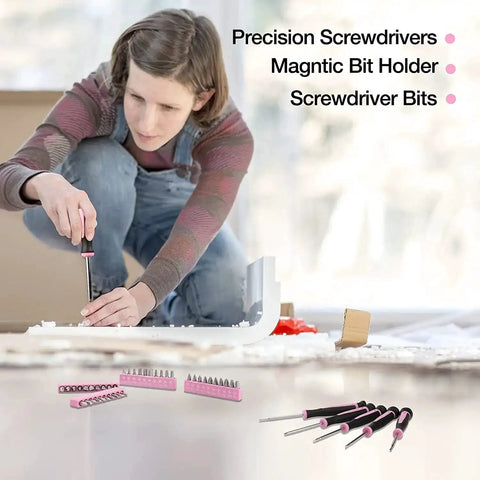 Woman using precision screwdriver from Pink 39 Piece All Purpose Household Tool Kit Set For Women with Compact Toolbox for DIY projects.