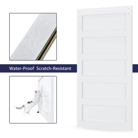 48 Inch By 84 Inch Sliding Barn Door With 8 Foot Hardware Kit And Handle, Pre Drilled Holes For Easy Assembly, Solid Barn Door Slab Covered With Waterproof PVC Surface, White, 5 Panel Farmhouse Style Built To Last And No Brainer To Install.
