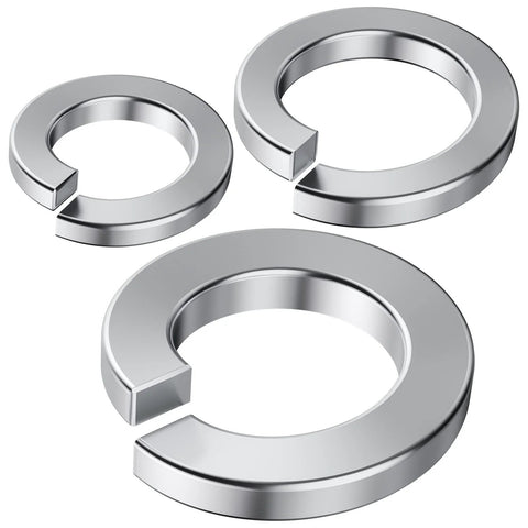 Wensilon split lock washer set, stainless steel 304 chrome finish; three washers in varying sizes for screws and bolts.