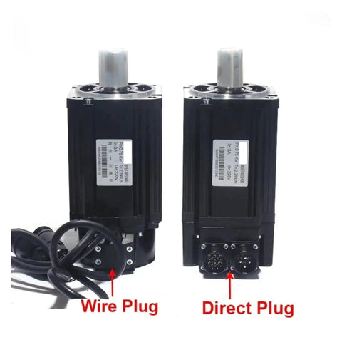 Front view of two black AC servo motors with metal shafts and cables; shows wire-plug and direct-plug connectors.