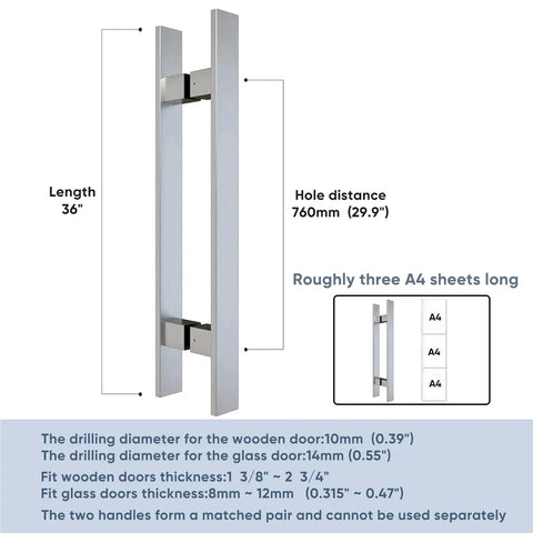 36 Inch Barn Door Push Pull Handle Heavy Duty Grade 304 Stainless Steel Brushed Finish Square Commercial Door Pull Set For Wood Or Glass Doors Office Front Entrance Durable Corrosion Resistant shown in front view with dimensions and installation details.