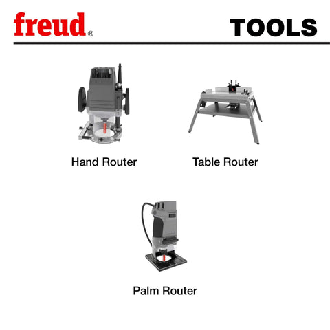 Freud tools display with hand router, table router, and palm router