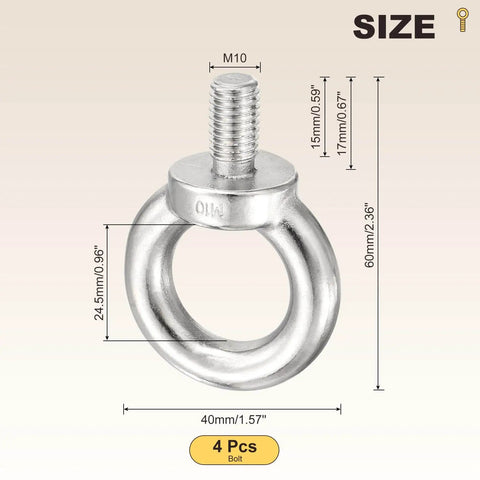 Shoulder Eye Bolt M10x17mm, 304 Stainless Steel Lifting Ring Threaded Eye Bolt, 4Pcs, Heavy Duty Rigging Gear, size diagram