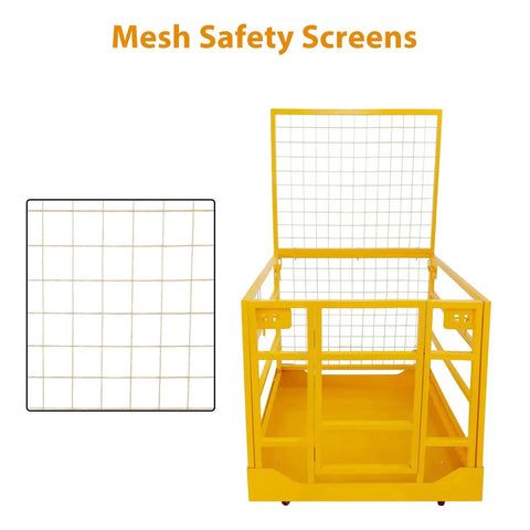 Front view of a Forklift Safety Cage With Wheels 1400 Lb Capacity Collapsible Aerial Platform featuring mesh safety screens.