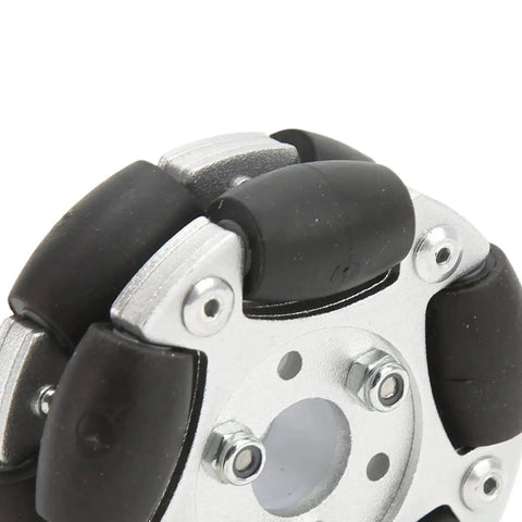 Close-up of Omni Wheel Replacement For Robots No Slip 360 Degree Rotation 60mm Diameter Aluminum Alloy Wheel with nylon rollers.
