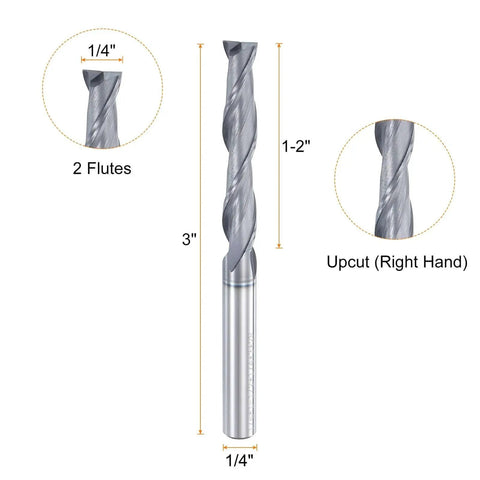 Spiral Router Bit For CNC Wood Carving And Engraving With Up Cut Two Flute Solid Carbide End Mill Quarter Inch Shank One And A Half Inch Cut Length AlTiN Coated Harfington with dimensions and features
