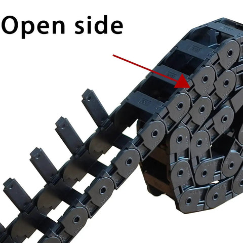 Close-up of the open side of a Two Piece Open Type Drag Chain Cable Carrier For CNC Router Mill And 3D Printer 39.3 Inch Length Black Nylon PA66 Wire