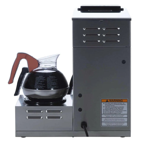 Side view of Low Profile 12 Cup Pourover Commercial Coffee Maker With 3 Lower Warmers Silver Finish A Real Workhorse For Cafes Or Busy Offices