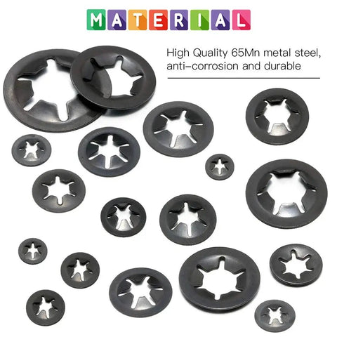 Internal-tooth starlock push-on locking washers set in gray metal; assorted sizes