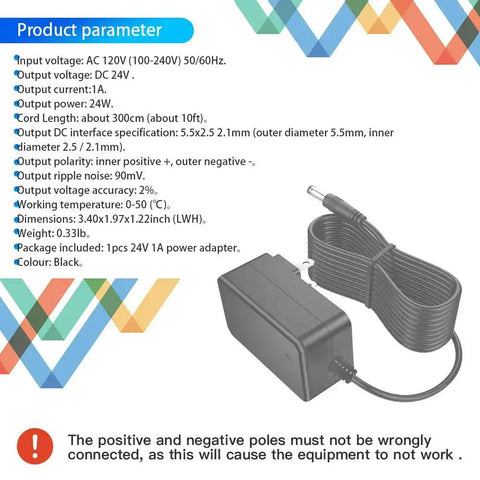 24V 1A DC Power Supply Adapter With Universal 100-240V AC Input And 24W Output, plug and play design, shown with 10ft extension cord.