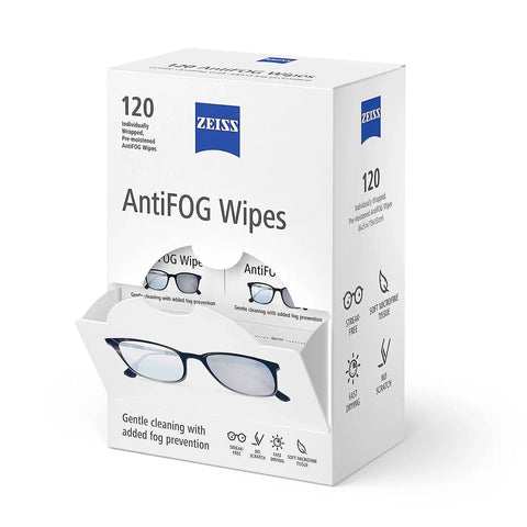 Box of ZEISS Anti Fog Wipes For Glasses And Goggles 120 Count 24 Hour Fog Prevention, highlighting packaging design and benefits.