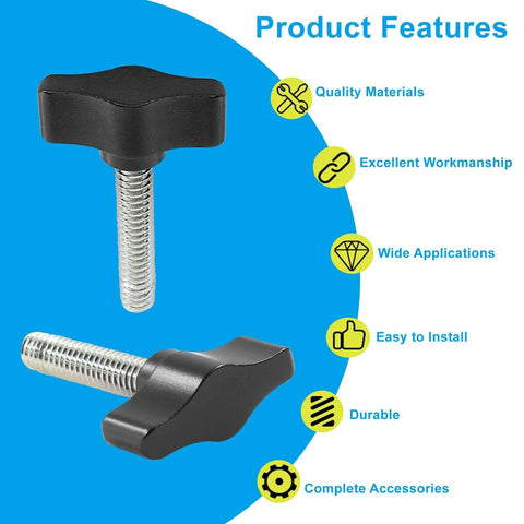 Four Pack Thumb Screws With Stainless Steel Threads And Black Aluminum Knobs For Woodworking And Equipment Assembly image
