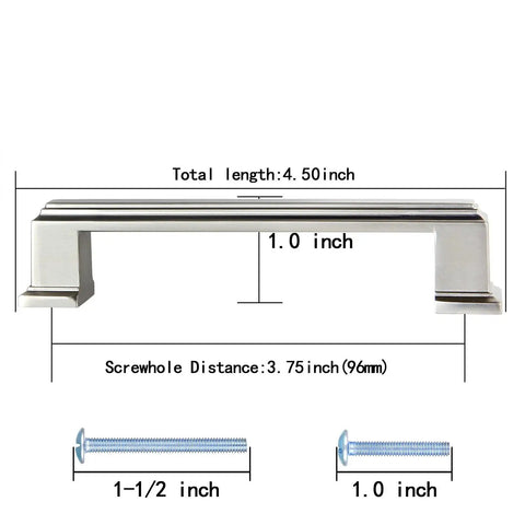 Long Cabinet Handle Set 10 Pack Brushed Satin Nickel Die Cast Zinc Solid Metal Drawer Pulls dimensions