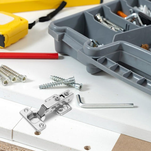 Soft Closing Frameless Cabinet Hinges Two Pack For Replacement Doors With Hydraulic Slow Close Hidden Damping Clean Modern Look Cold Rolled Steel Construction For Kitchen And Wardrobe Installations VillCase shown with tools on a white surface.