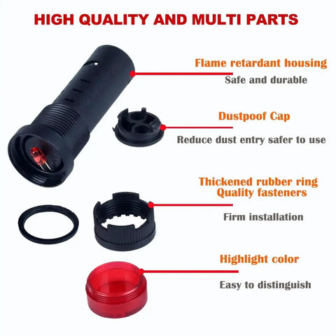 Parts of High-Performance 2-Pack 16mm 12V Intermittent Buzzer with Vibrant Red LED Flash Indicator labeled for features.