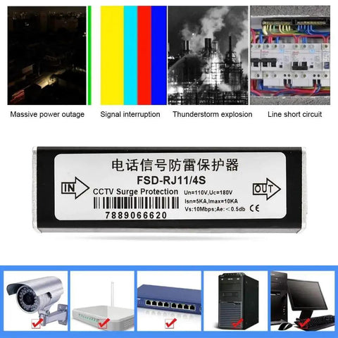 RJ11 Telephone And Fax Surge Protector With 110V Thunder Arrester And 10cm Ground Wire Metal IP20 Shield for phone line equipment