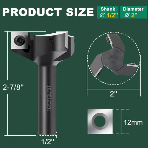 Slab Flattening Router Bit With 1/2 Inch Shank, 2 Inch Cutting Diameter, Three Wings For Spoilboard Surfacing And Wood Planing