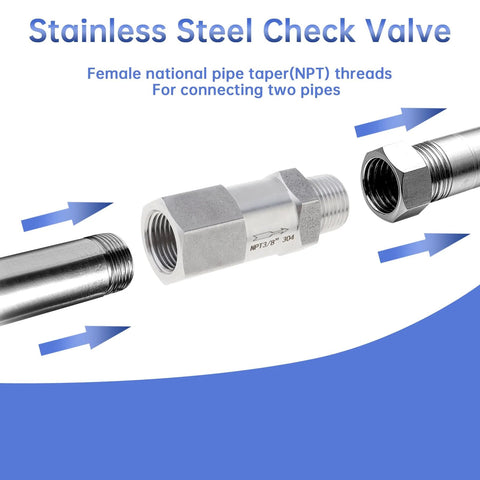 304 stainless steel check valve, 3/8 in NPT male x female, one-way backflow preventer with PTFE tape.