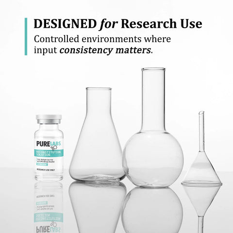 Glass reconstitution vial (3 mL) labeled PureLabs, beside large glass lab flasks on white background