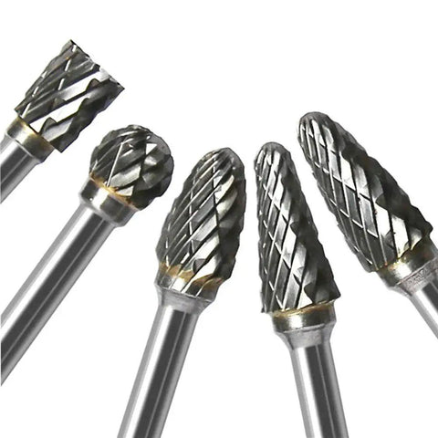 Five tungsten carbide die grinder bits with double cut carbide rotary burr set pro grade 10 pc kit with one eighth inch shank and quarter inch head.