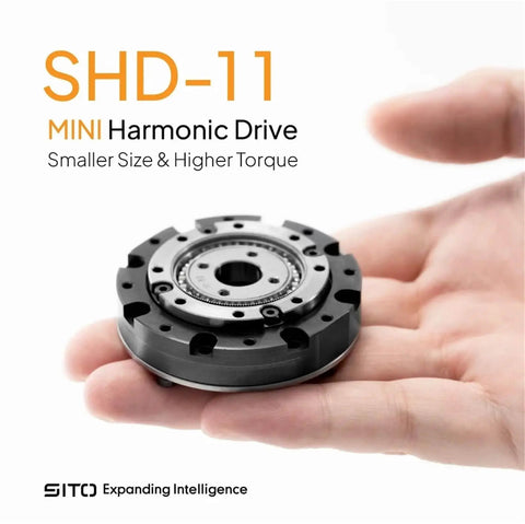 SHD-11 mini harmonic drive in hand, compact design, showcasing its smaller size and higher torque performance, ideal for robotics.