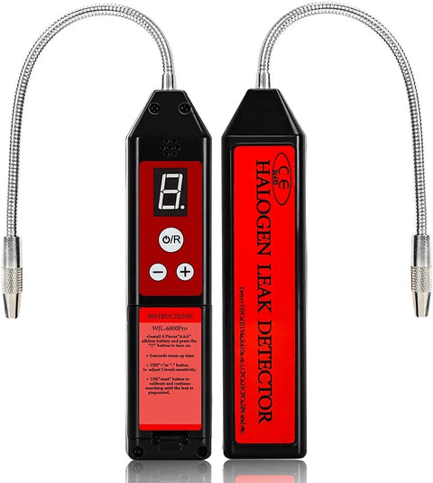 Upgraded WJL-6000PRO Halogen Leak Detector with indicator light for HVAC systems, dual units with probe and display screen.