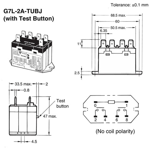 Technical diagram of General Purpose DPST NO Relay with Test Button and Quick Connect Terminals for easy wiring, flame resistant, AC200-240V coil.