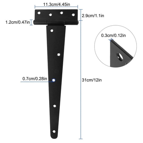 Diagram of Six Pack 12 Inch T Strap Shed Hinge Set in black heavy duty iron, showing dimensions for barn gates and outdoor use, rust resistant.