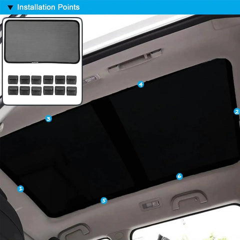 Glass Roof Sunshade For Tiguan 2010 To 2017 One Piece Foldable Shade installed on vehicle roof interior, showing fit and coverage.