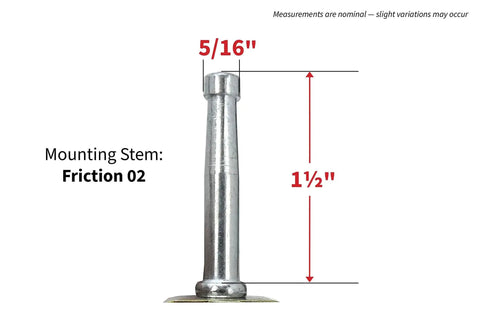 Brown Wood Wheel Stem Casters Set Of Two With Friction Mount For Lightweight Furniture, illustrated with 5/16" stem width, 1-1/2" stem height shown.