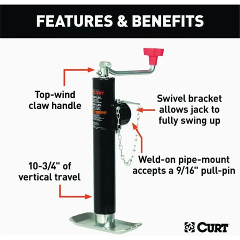 Weld-On Pipe Mount Swivel Tongue Jack 5,000 Lbs Capacity 10.75 In Travel with top-wind handle and swivel bracket.