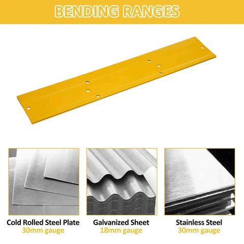 Bending ranges for Heavy Duty 18 Inch Metal Bender Hand Tool with 16 gauge steel, rust resistant, showcasing cold rolled, galvanized, stainless sheets.