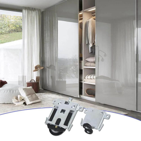 Sliding Door Roller Kit For Wardrobe And Patio Doors With Solid Wheel Bearings And Steel Frame Rails DIY Friendly Top And Bottom Wheels Durable Alloy Construction Replacement Part For Smooth Tracks And Easy Install visible in front of wardrobe doors.