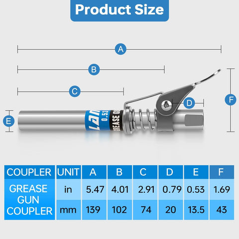 Grease Gun Coupler Kit With 12000 PSI Strength All In One Kit Extra Reach 90 Degree Adapter Precision 2MM Narrow Needle Tip Cleaning Tool Beefy Lubrication Tips For All One Eighth NPT Fittings Designed For Tight Spaces And One Hand Operation shown with size dimensions.