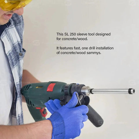 Person holding SL 250 Sleeve One Drill Installation Tool designed for concrete and wood, showing quick connect sleeve.