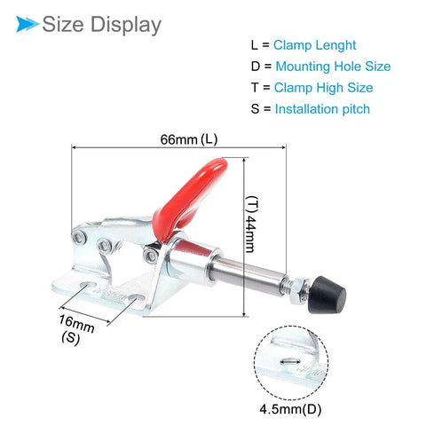 Toggle Clamp GH301AM with Quick Release, 110 lbs holding capacity, size 66x27x44mm, 4.5mm mounting hole, in side view