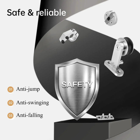 Safety features of Six Foot Top Mount Stainless Steel Sliding Barn Door Hardware Track Kit for anti-jump, anti-swinging, and anti-falling.