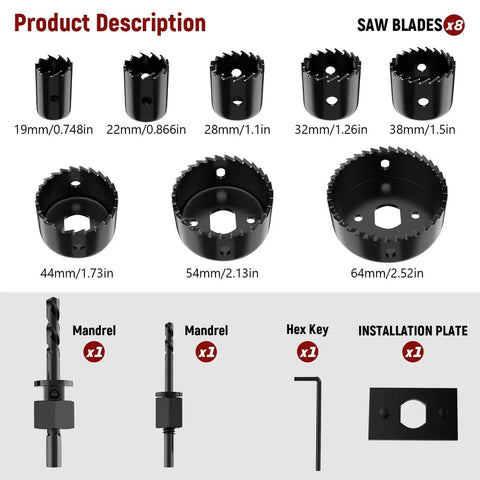 Twelve-Piece Hole Saw Kit With Eight Sizes From Three-Quarters Inch To Two And A Half Inches Including Arbors, Drill Bits, And Hex Key
