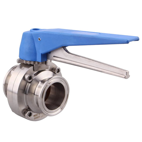 Butterfly valve side view with blue trigger handle, stainless steel 304, 1.5 inch tri-clamp Clover.