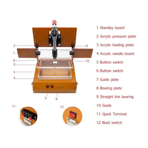 PCB Test Frame Jig For PCBA Testing Bakelite Fixture Rack with labeled parts and acrylic plates, front view