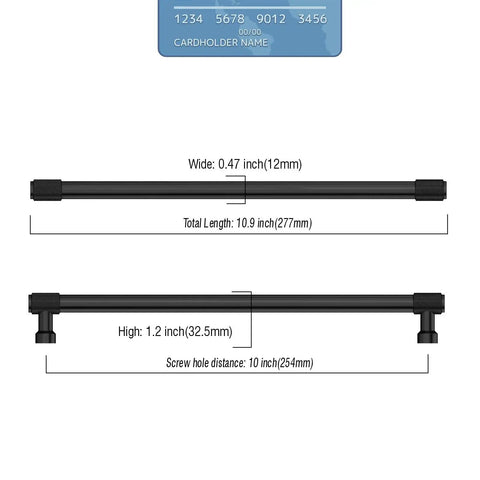 Diagram showing dimensions of Knurled Matte Black Cabinet Pulls Pack Of 10 With 10 Inch Center To Center Spacing in inches and millimeters.