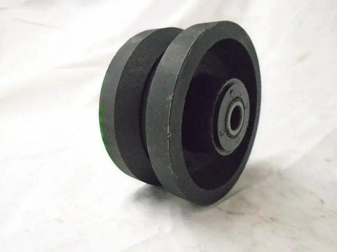Heavy Duty 4X2 Inch V Groove Iron Steel Caster Wheel Set With Seven Eighths Inch Roller Bearing 600 Lbs Capacity Black Finish